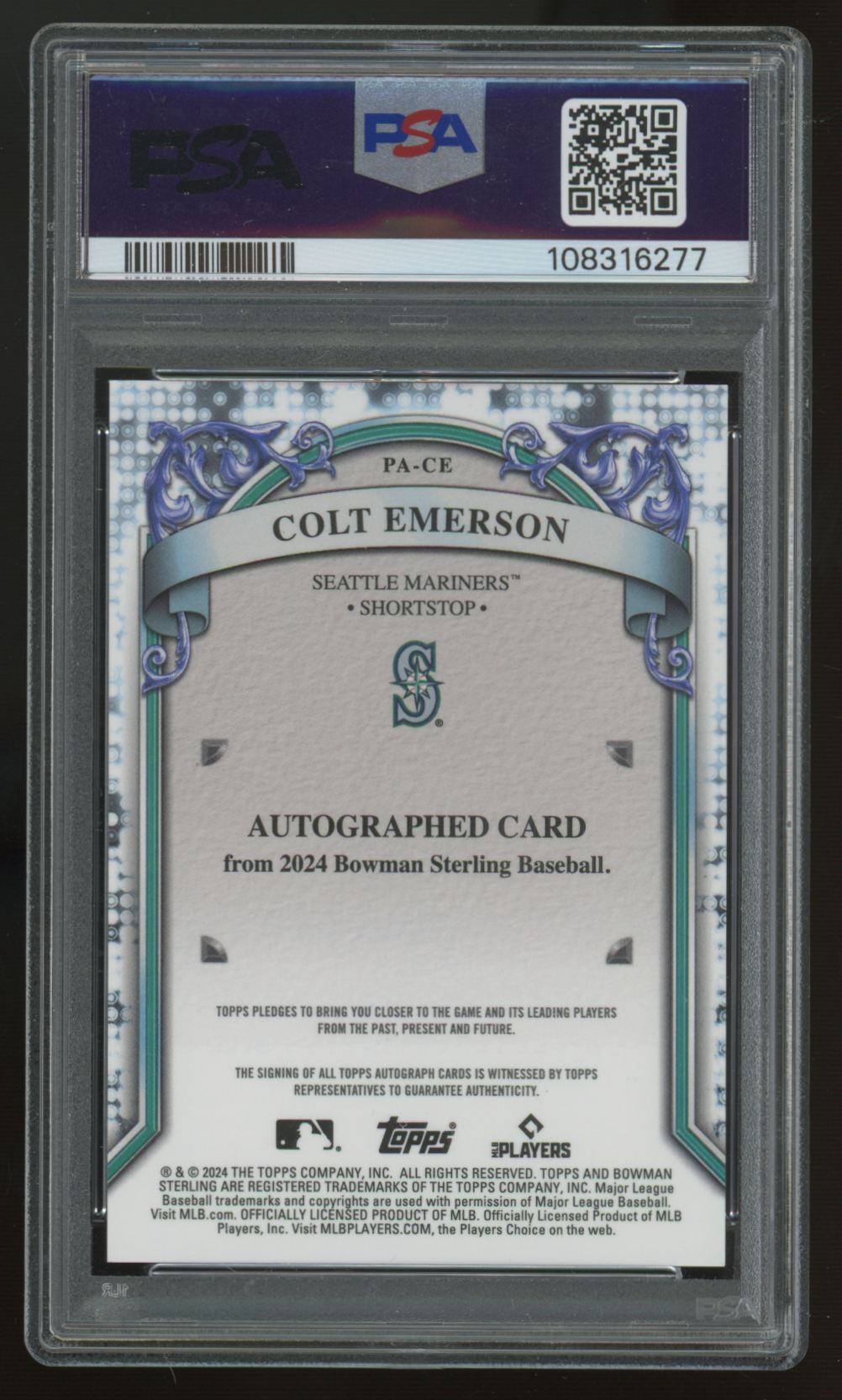 2024 Bowman Sterling Colt Emerson Prospect Silver Refractor Auto /100 PSA 10