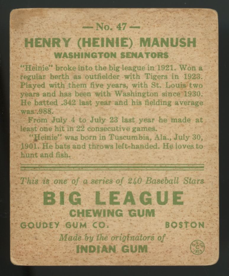 1933 Goudey Henry "Heinie" Manush #47 G/VG