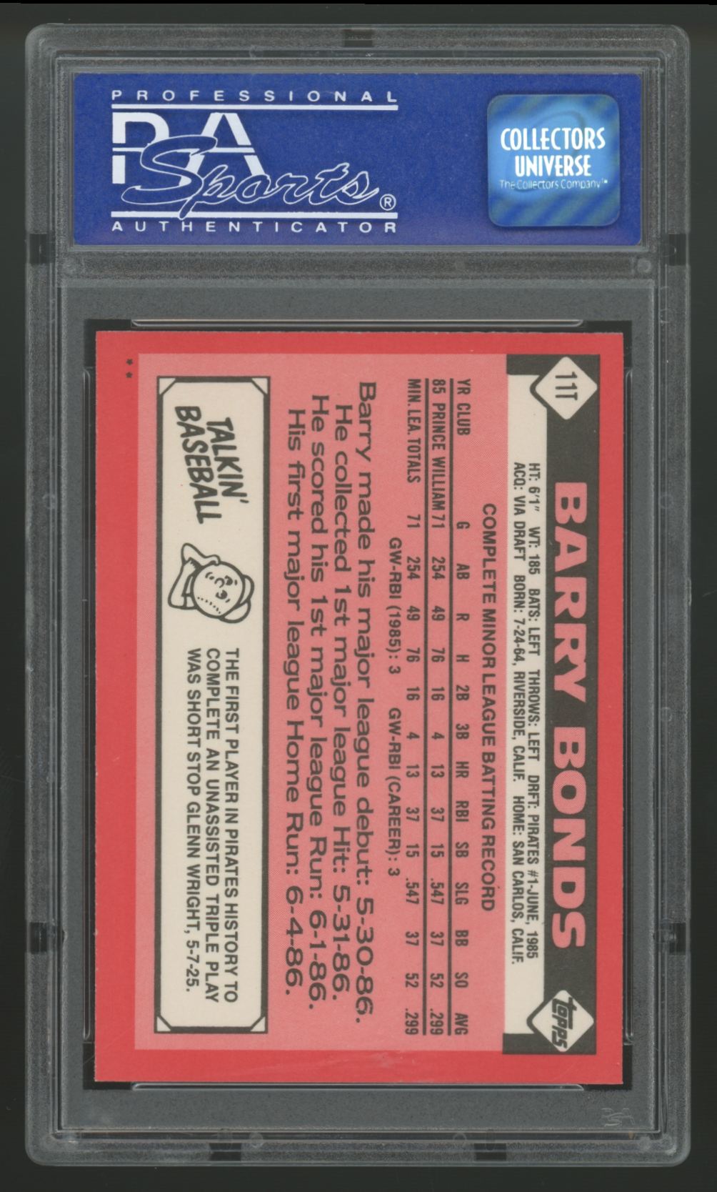1986 Topps Traded Barry Bonds RC #11T PSA 9