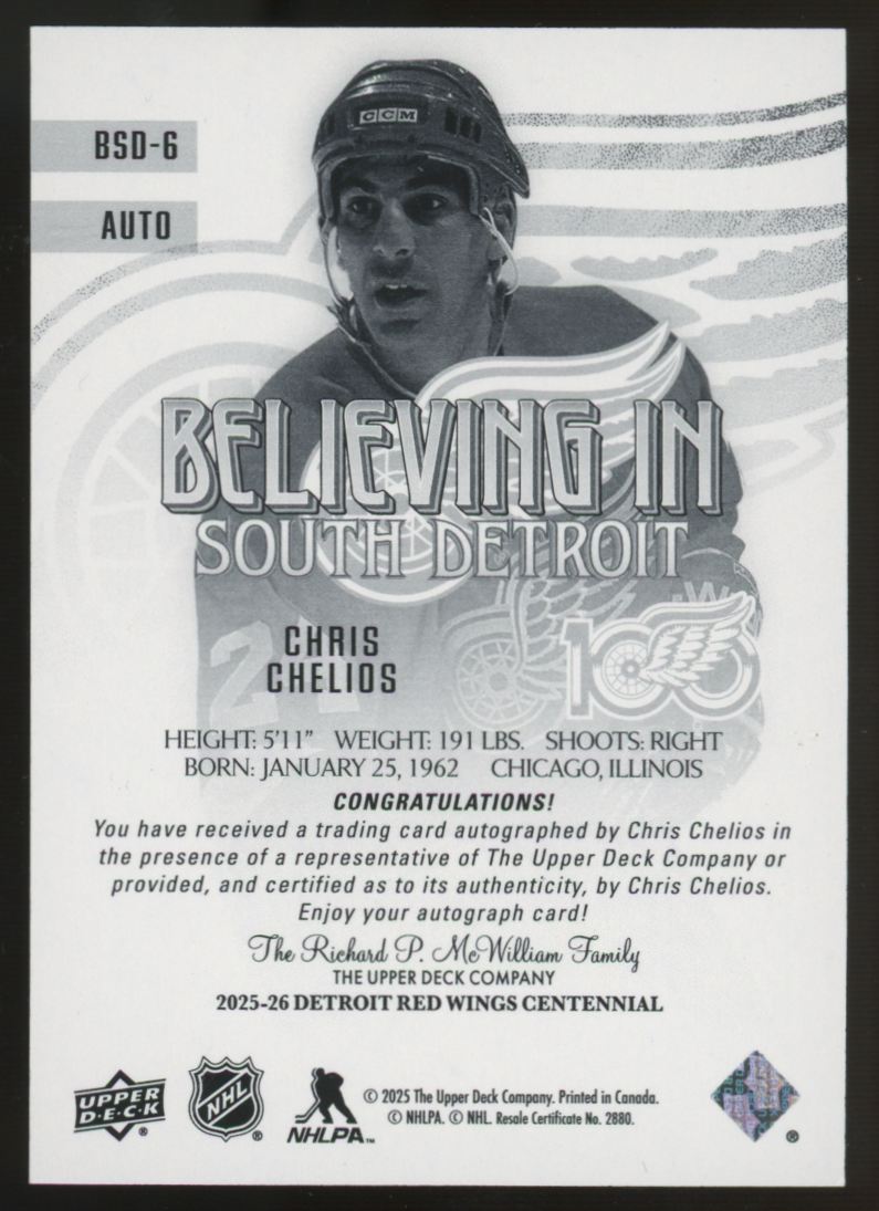 2025-26 UD Red Wings Centennial Chris Chelios Believing In South Detroit Auto
