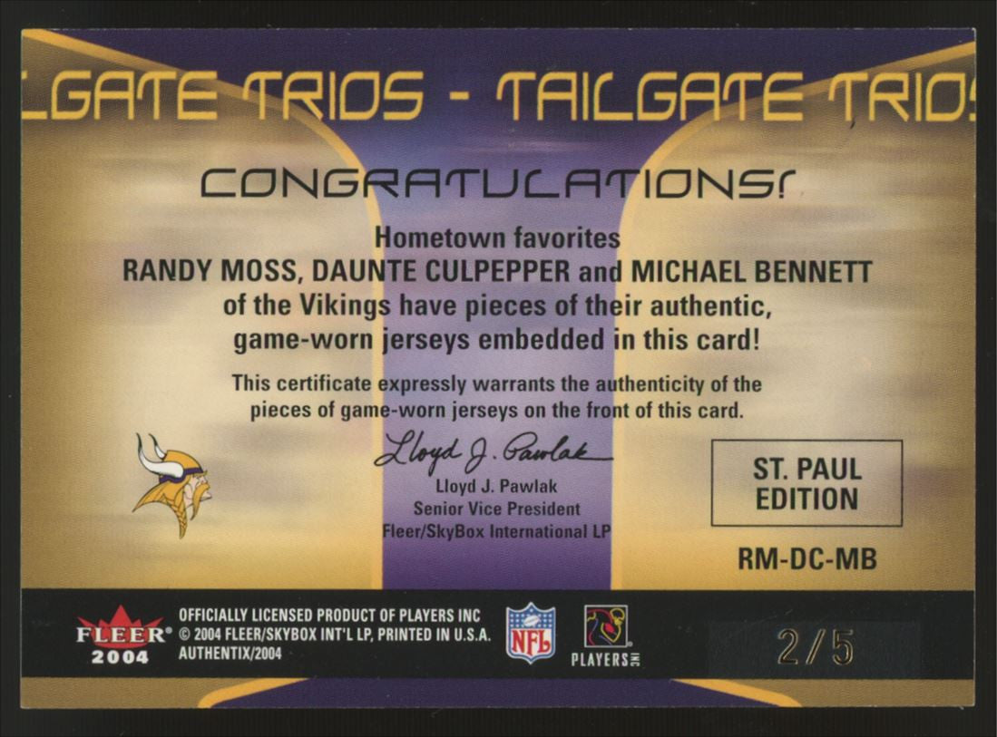 2004 Fleer Authentix Moss Culpepper Bennett Tailgate Trios St Paul Edition /5