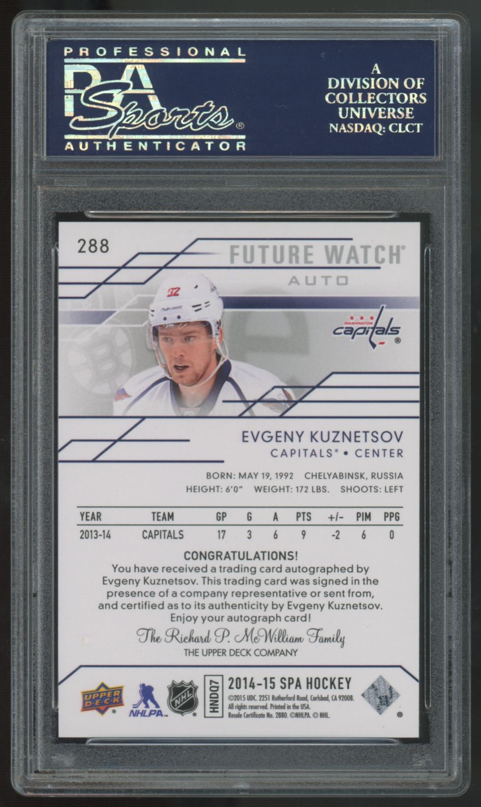 2014-15 UD SP Authentic Evgeny Kuznetsov RC Future Watch Auto /999 #288 PSA 9