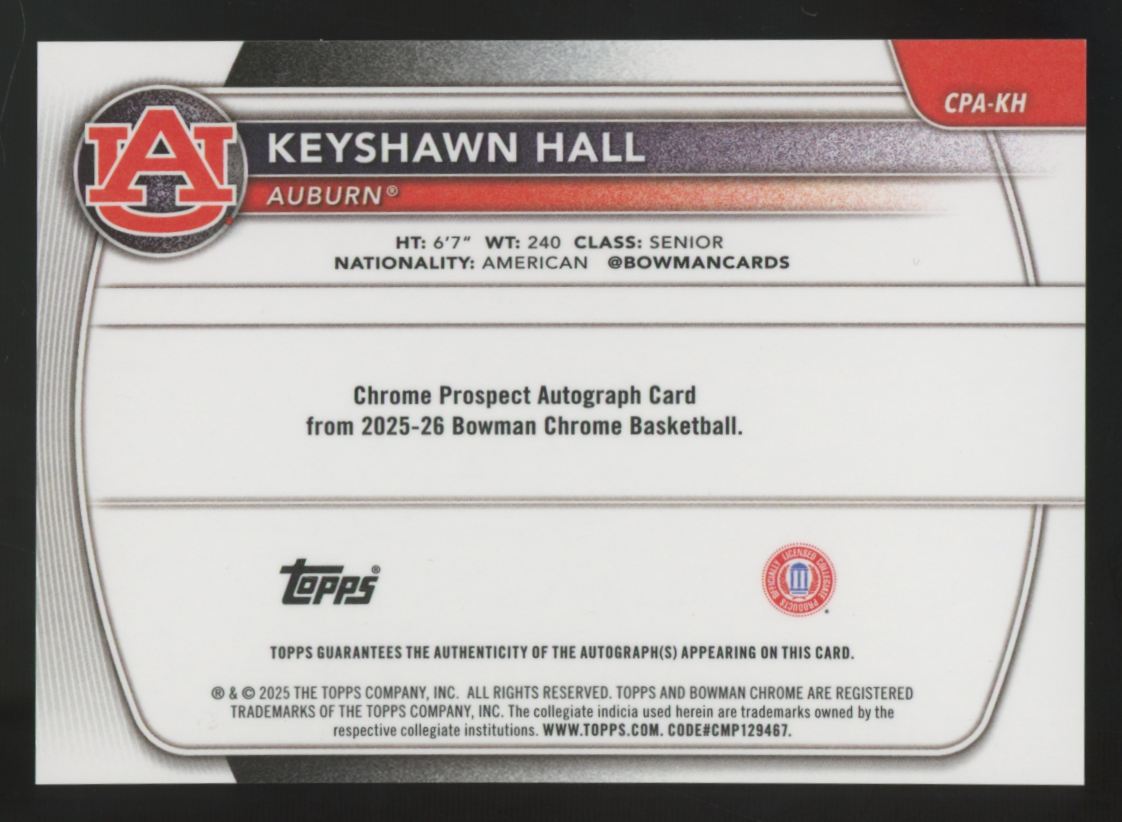 2025-26 Bowman Chrome Keyshawn Hall 1st Prospect Reptilian Green Auto /99