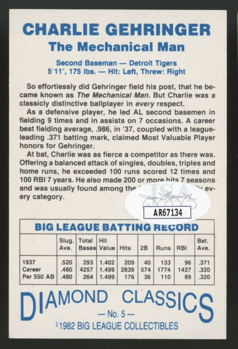 1982 Big League Collectibles Charlie Gehringer #5 Signed Auto JSA