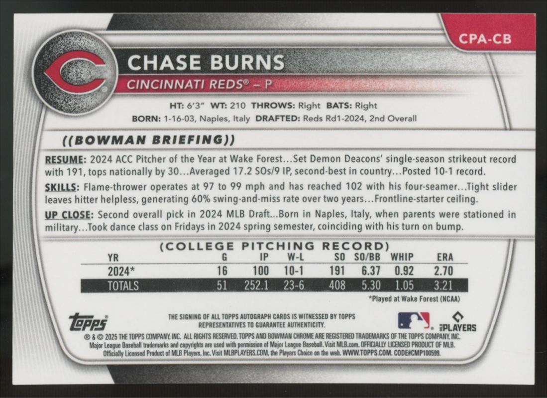 2025 Bowman Chase Burns Prospect Chrome HTA Choice Refractor Auto /150 #CPA-CB