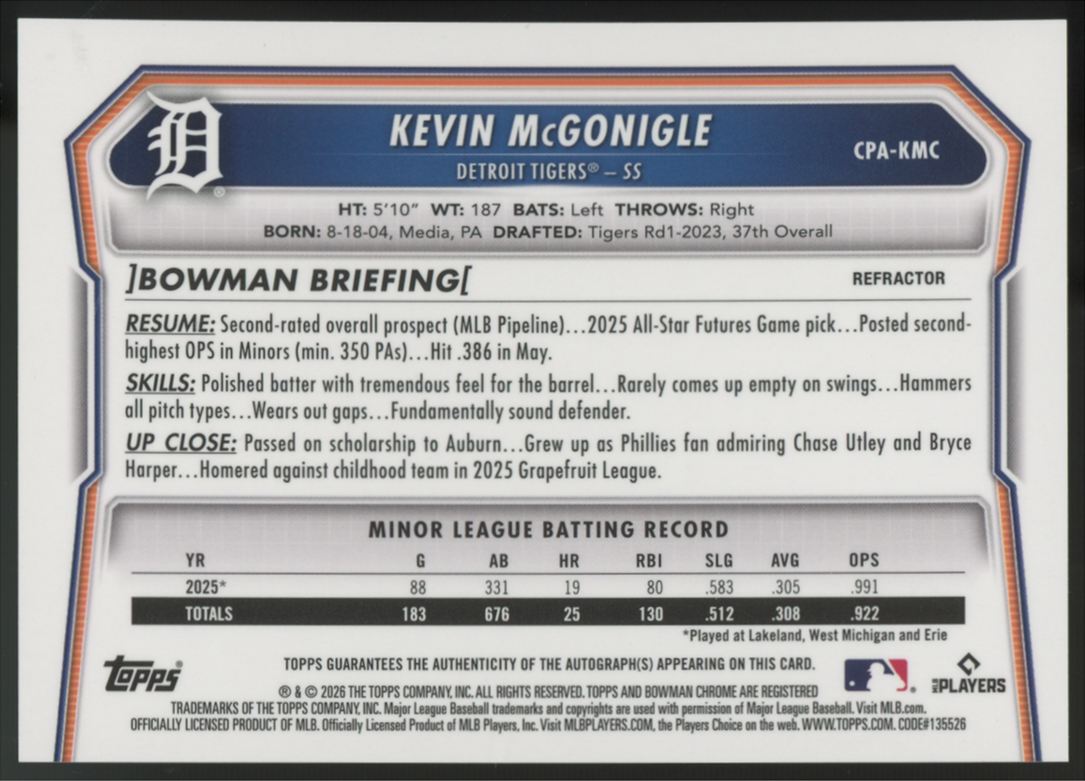 2026 Bowman Chrome Kevin McGonigle Prospect Auto /499 #CPA-KMC "B"