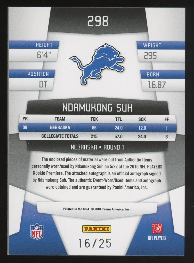 2010 Certified Mirror Gold Freshman FF Quad Patch Ndamukong Suh #16/25 SHOE BALL