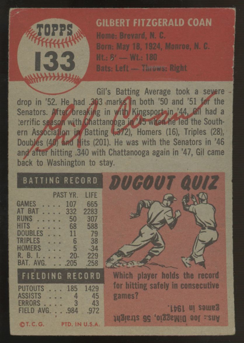 1953 Topps Gil Coan #133 VG/EX