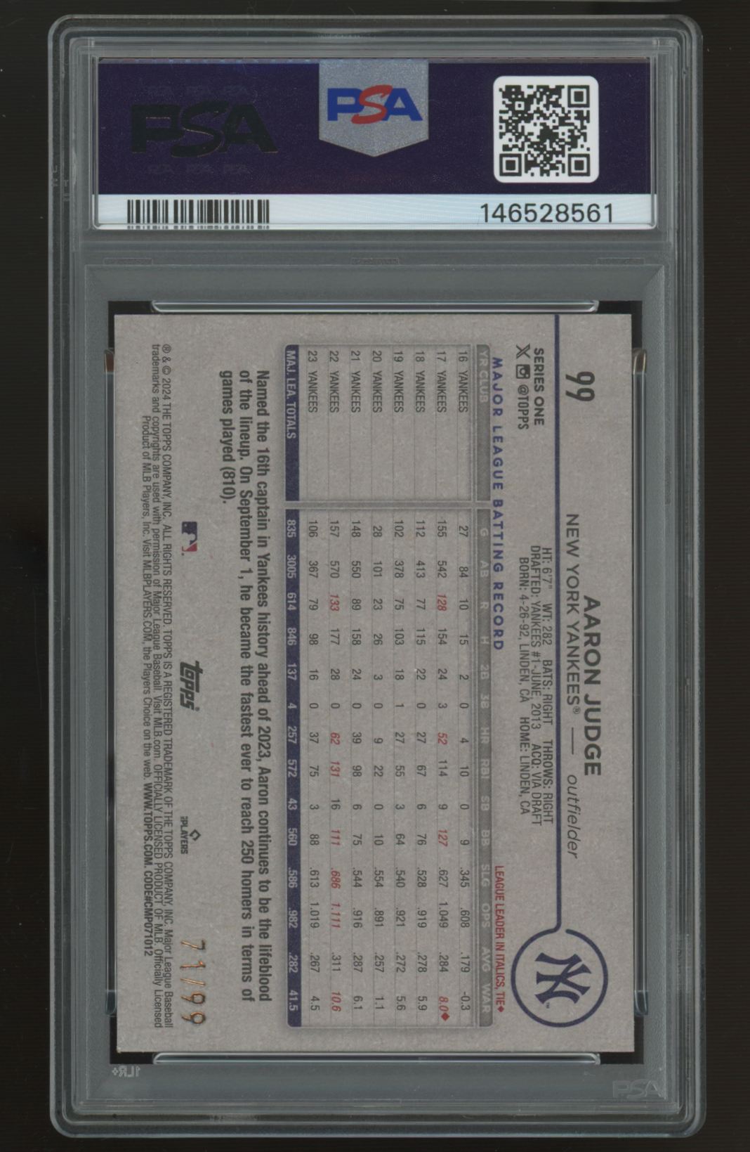 2024 Topps Baseball Aaron Judge Vintage Stock /99 #99 PSA 9