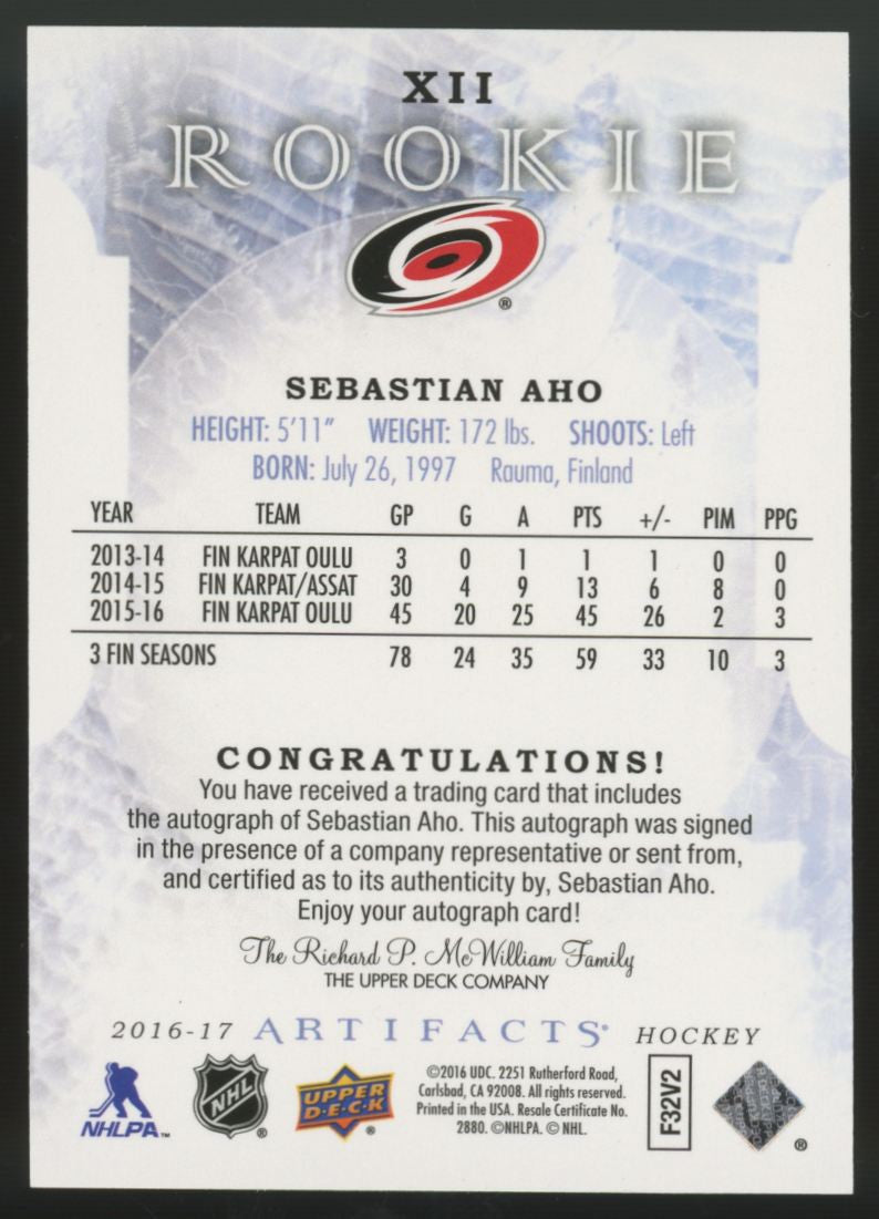 2016/17 UD Artifacts Sebastian Aho RC Auto /135 #XII