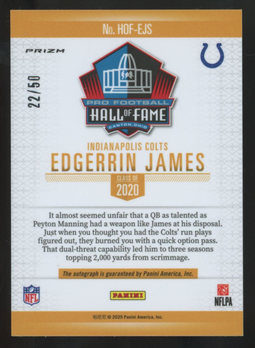 2025 Panini Edgerrin James Silver Hall Of Fame Prizm Auto /50 #HOF-EJS