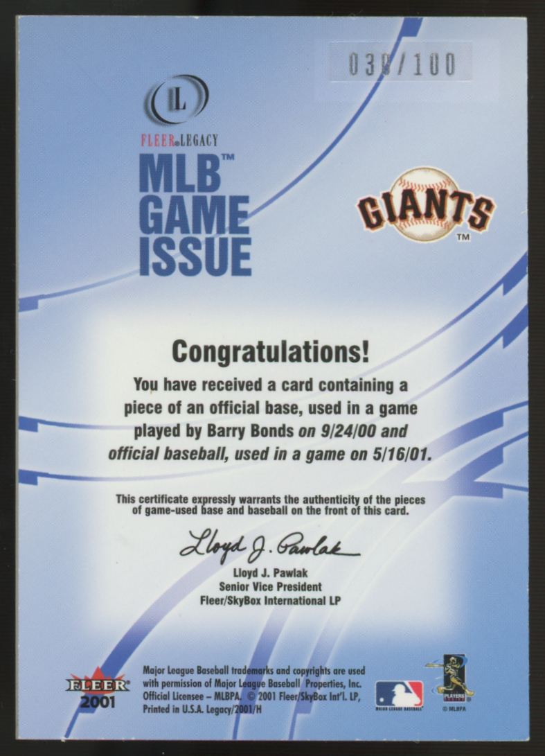 2001 Fleer Legacy Barry Bonds Game Issue Dual Base & Ball Relic Patch /100