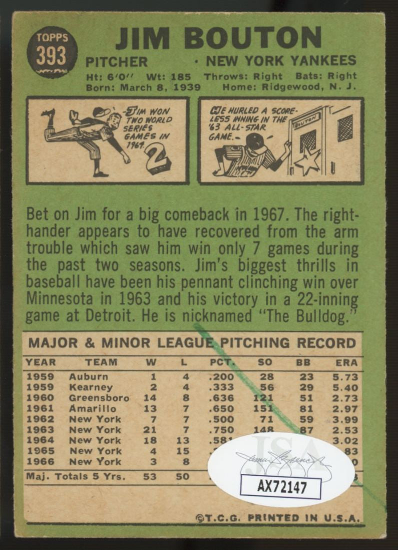 1967 Topps Jim Bouton #393 Signed Autographed Card JSA