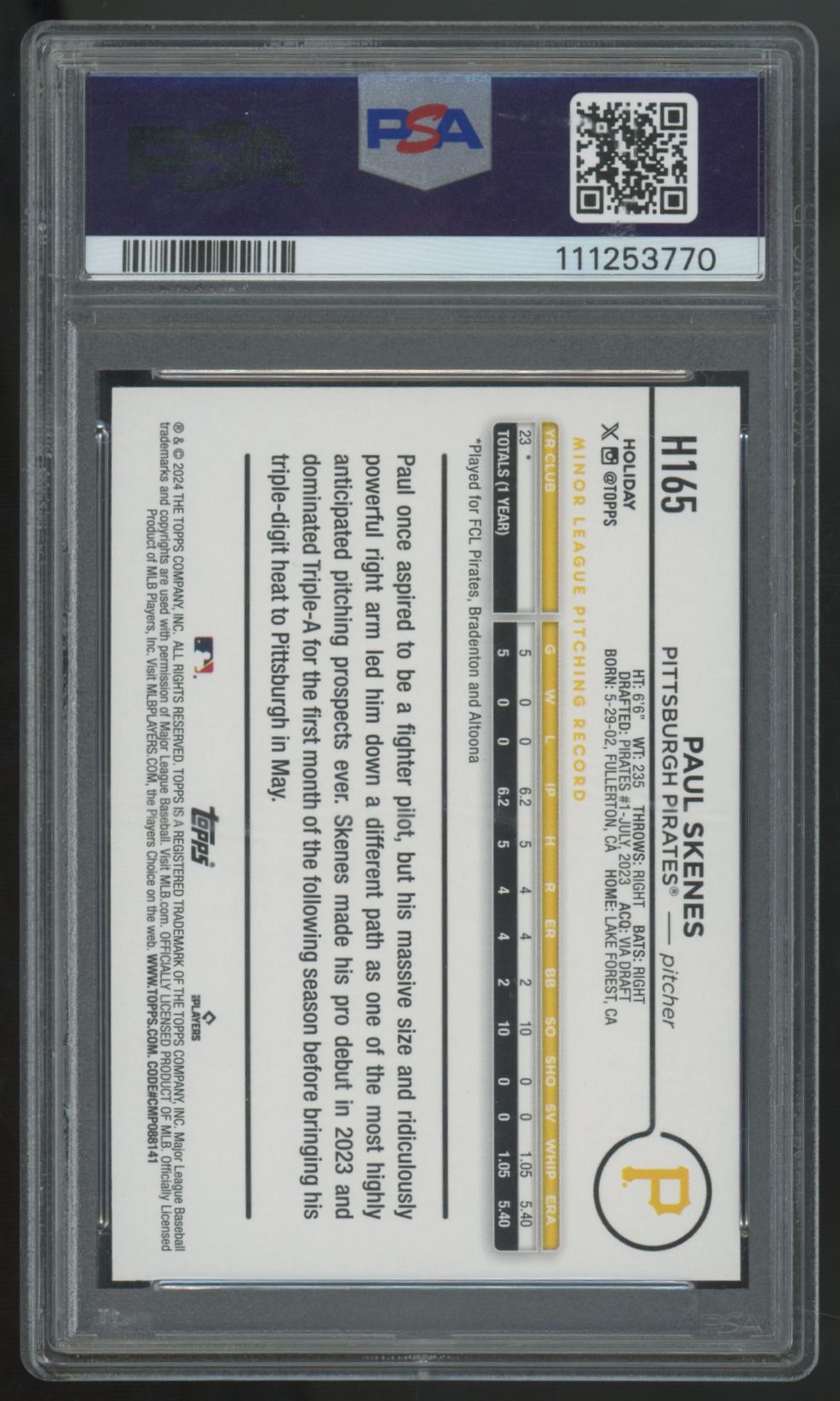 2024 Topps Holiday Paul Skenes RC Silver Glitter #H165 PSA 9
