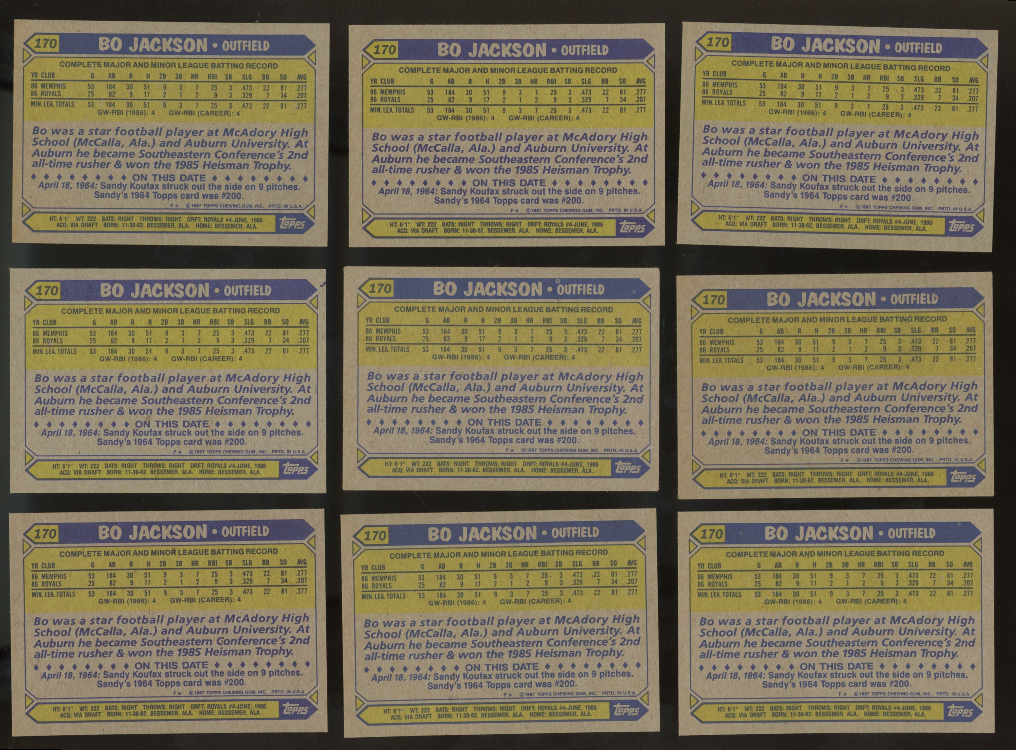 1987 Topps Bo Jackson #170 Lot Of 25 NM-MT