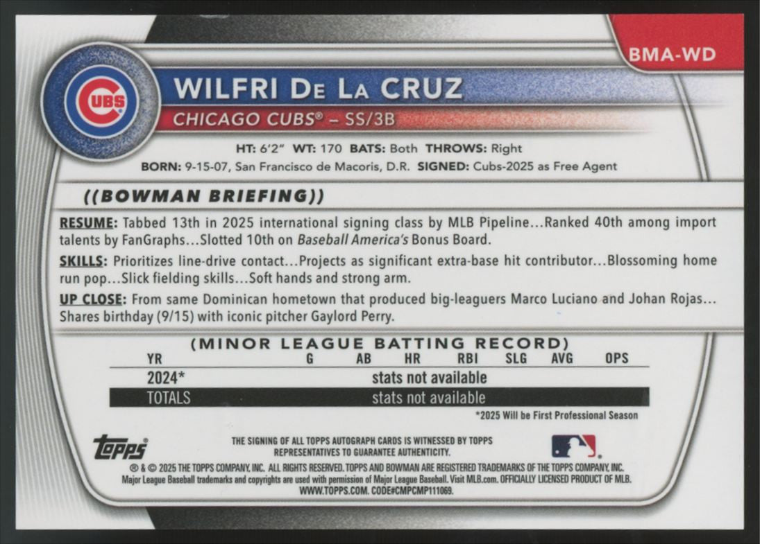 2025 Bowman Chrome Mega Wilfri De La Cruz Prospect Gold Auto /50 #BMA-WD