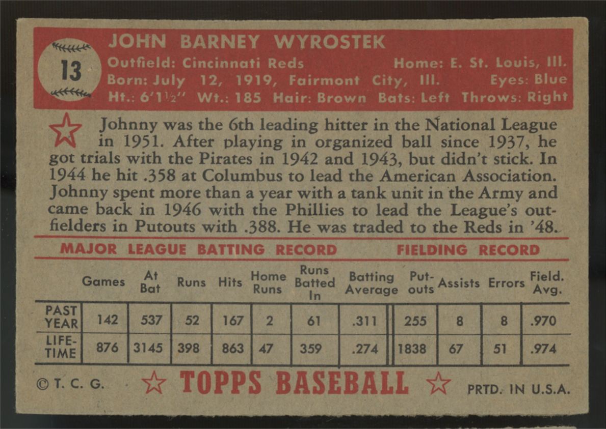 1952 Topps Johnny Wyrostek #13 EX