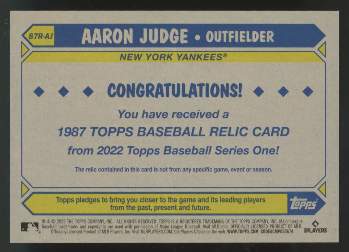 2022 Topps Series One Aaron Judge 1987 Patch #87R-AJ