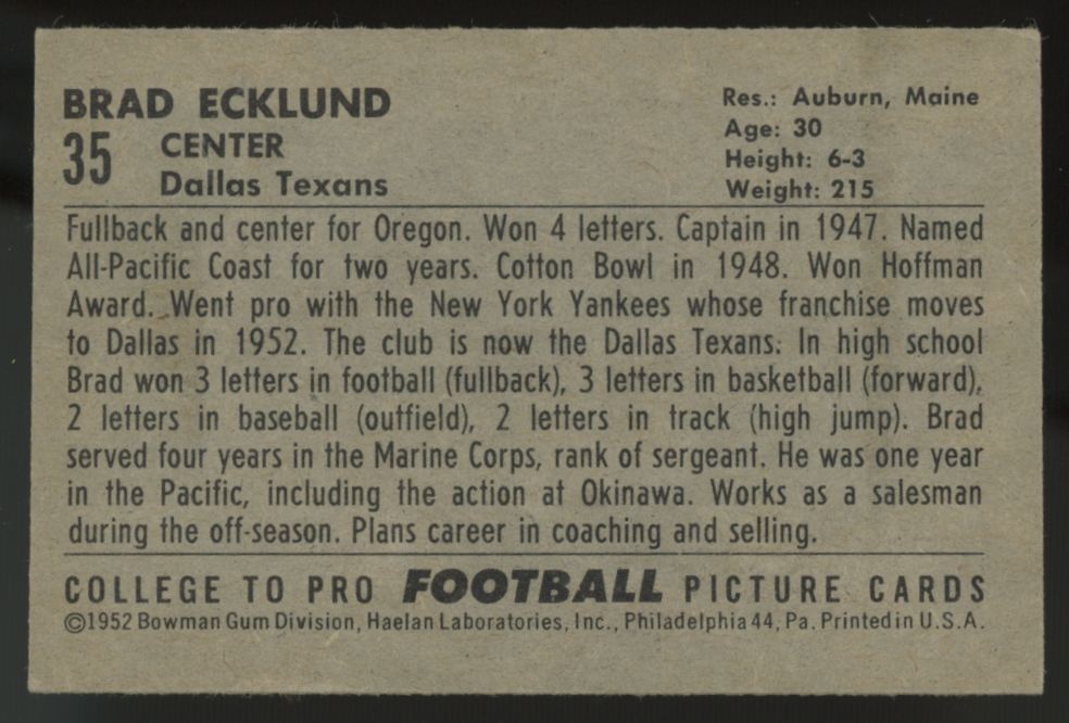 1952 Bowman Small Brad "Whitie" Ecklund #35 EX+