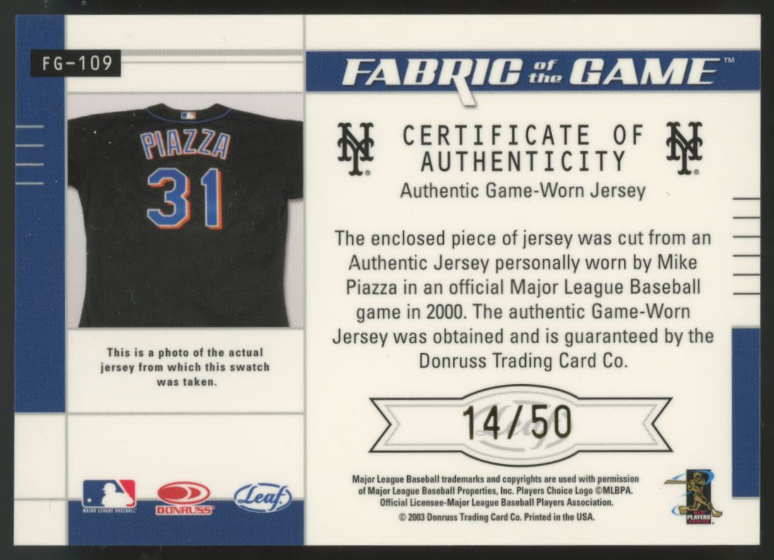 2003 Leaf Certified Mike Piazza Fabric Of The Game Position Patch /50 #FG-109