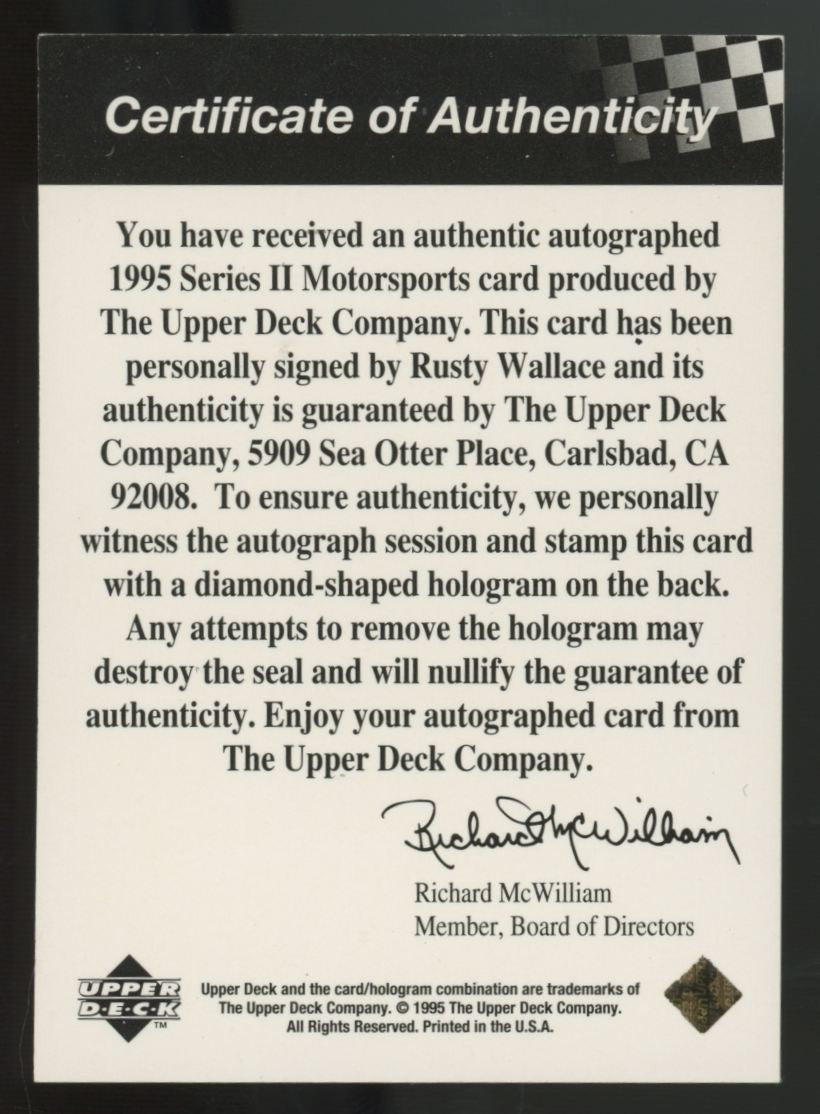 1995 UD Series Two Motorsports Rusty Wallace Auto With COA