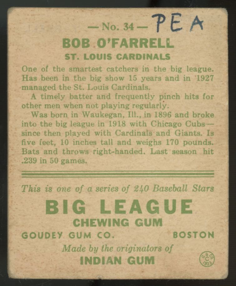 1933 Goudey Bob O'Farrell #34 VG (MK)