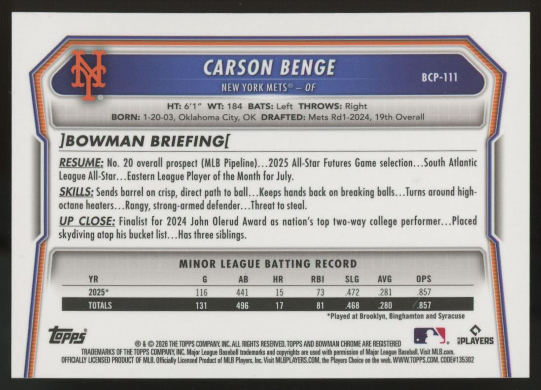 2026 Bowman Chrome Carson Benge Reptilian Refractor Red /5 #BCP-111