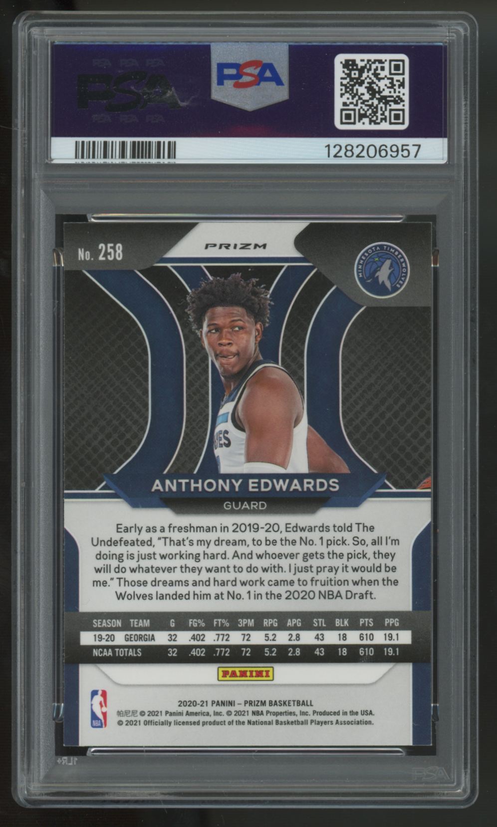 2020-21 Panini Prizm Anthony Edwards RC Silver #258 PSA 9