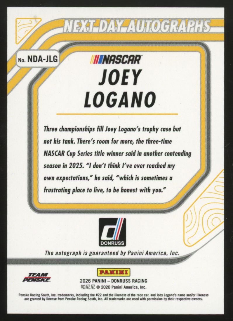 2026 Panini Donruss Joey Logano Next Day Autographs Auto #NDA-JLG