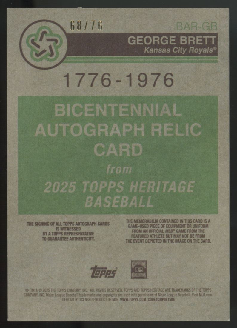2025 Topps Heritage George Brett Bicentennial Relic Auto /76 #BAR-GB