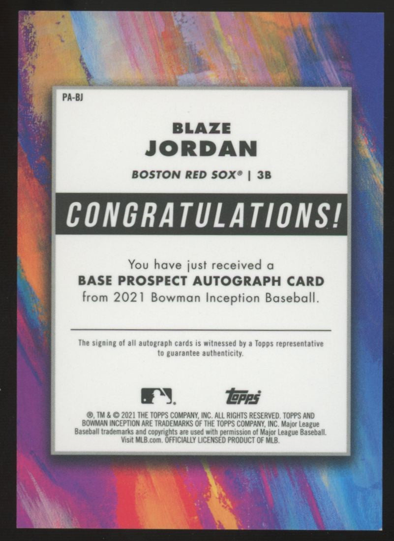 2021 Bowman Inception Blaze Jordan Prospect Gold Foil Auto /50 #PA-BJ