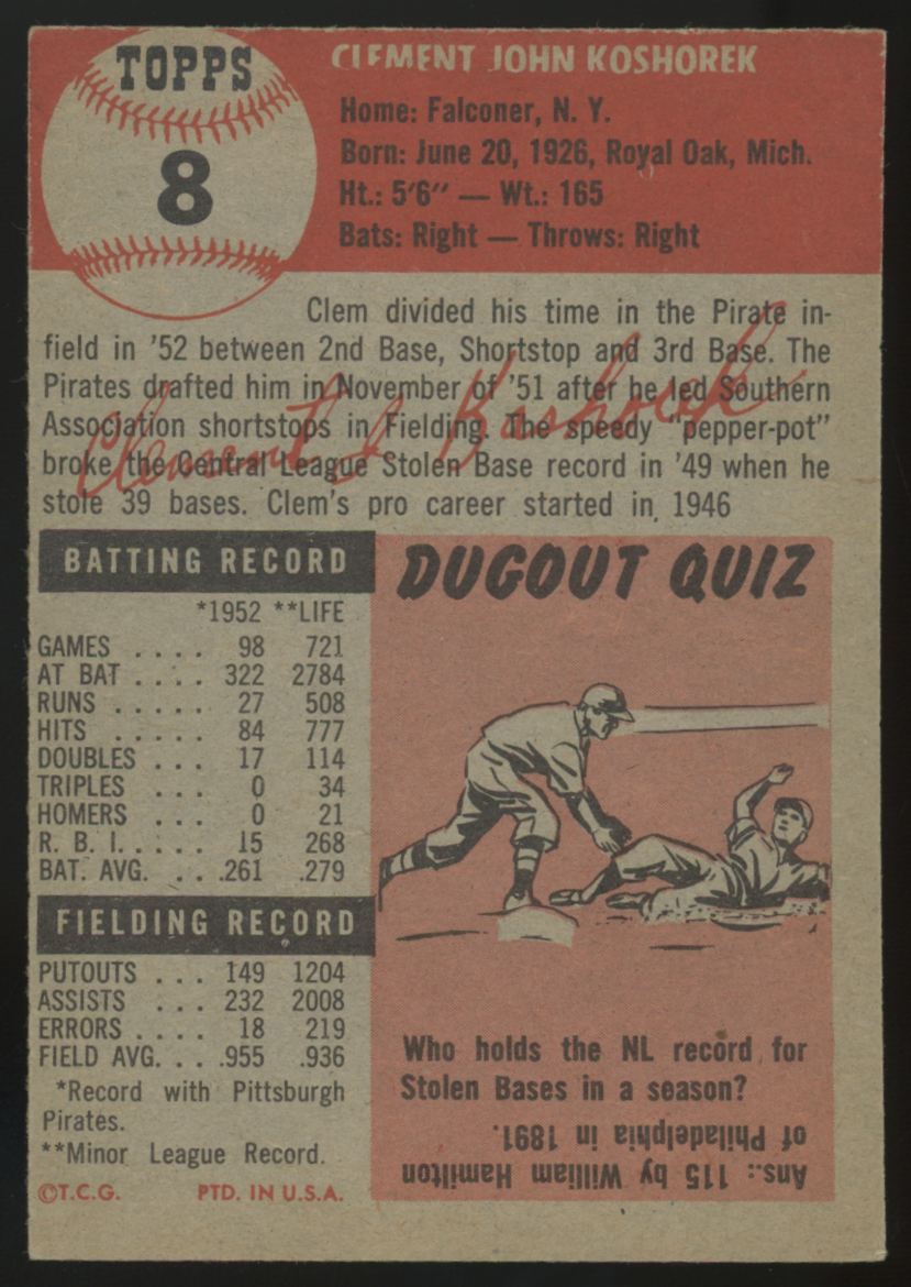 1953 Topps Clem Koshorek #8 EX/MT "A"
