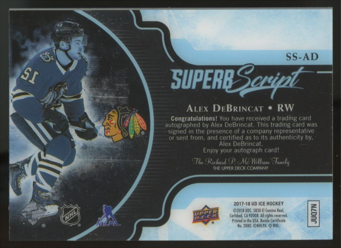 2017-18 Ice Alex DeBrincat Superb Script Auto /49 #SS-AD