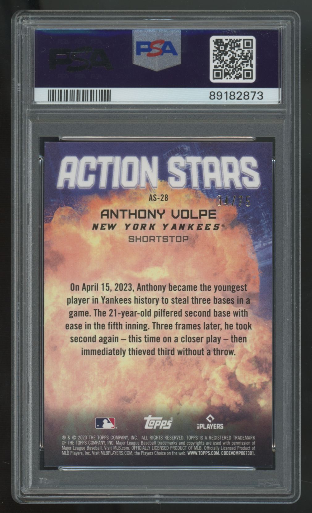 2023 Topps Update Anthony Volpe RC Gold Action Stars /75 #AS-28 PSA 9