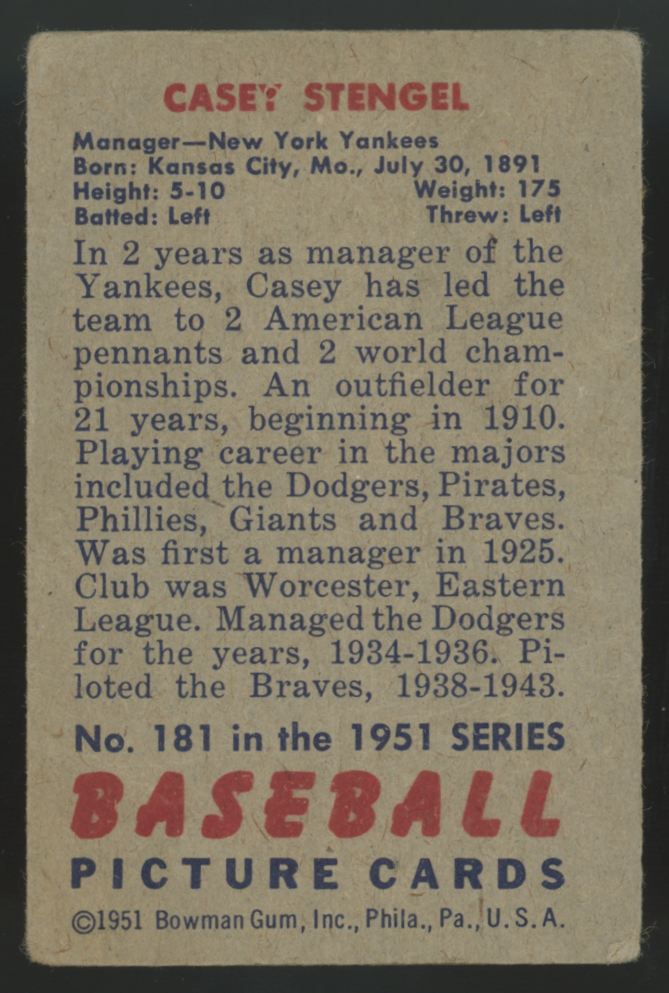 1951 Bowman Casey Stengel #181 F/G