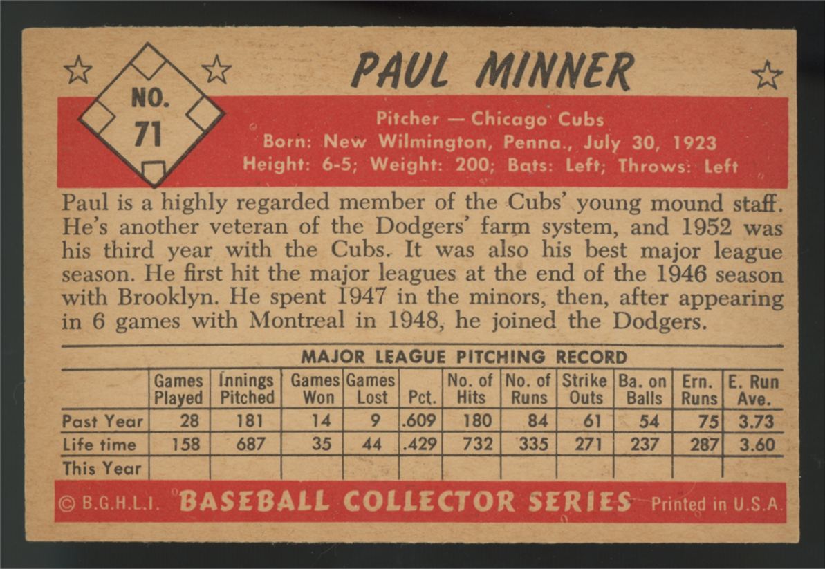 1953 Bowman Color Paul Minner #71 VG/EX