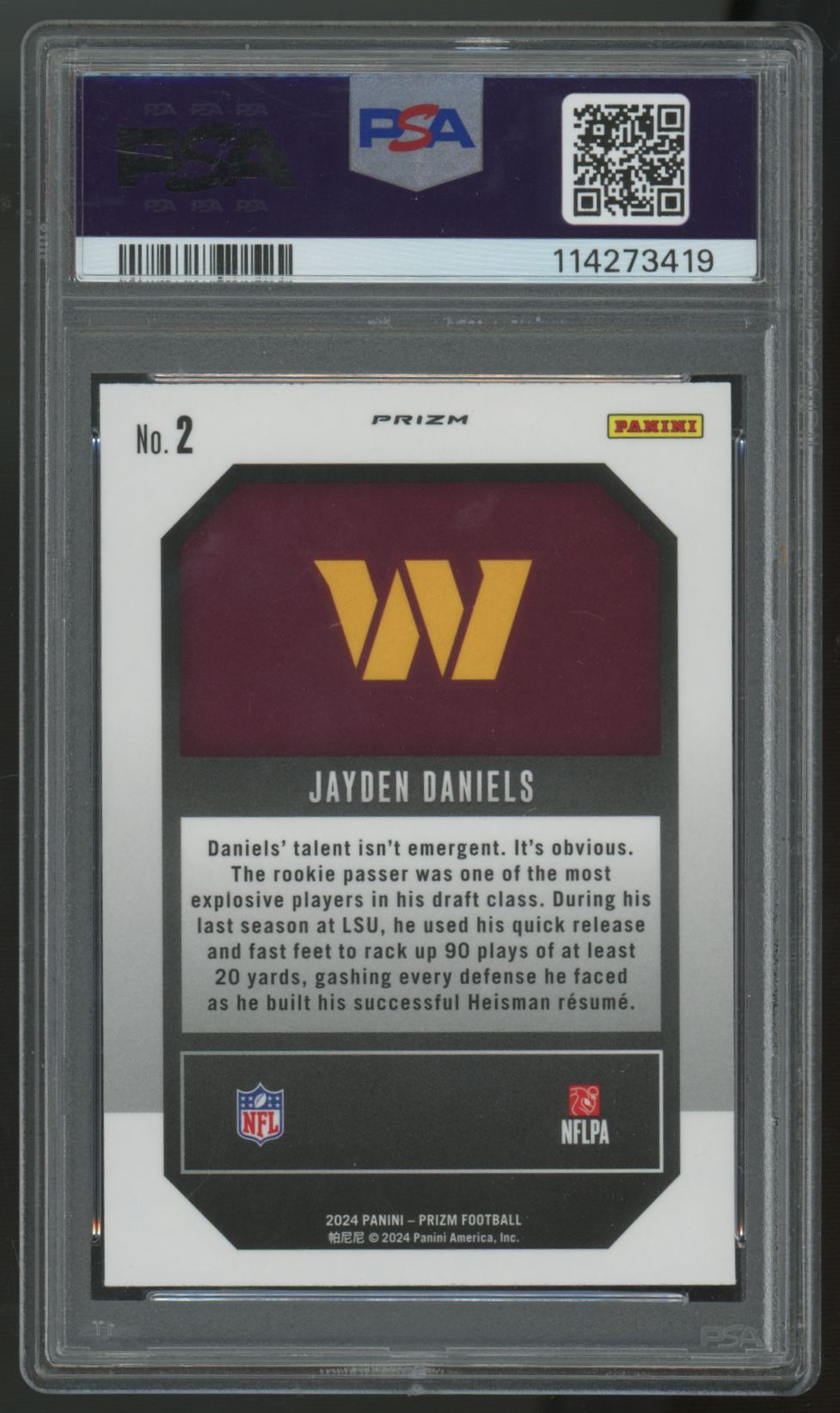 2024 Panini Prizm Jayden Daniels RC Emergent Green #2 PSA 9