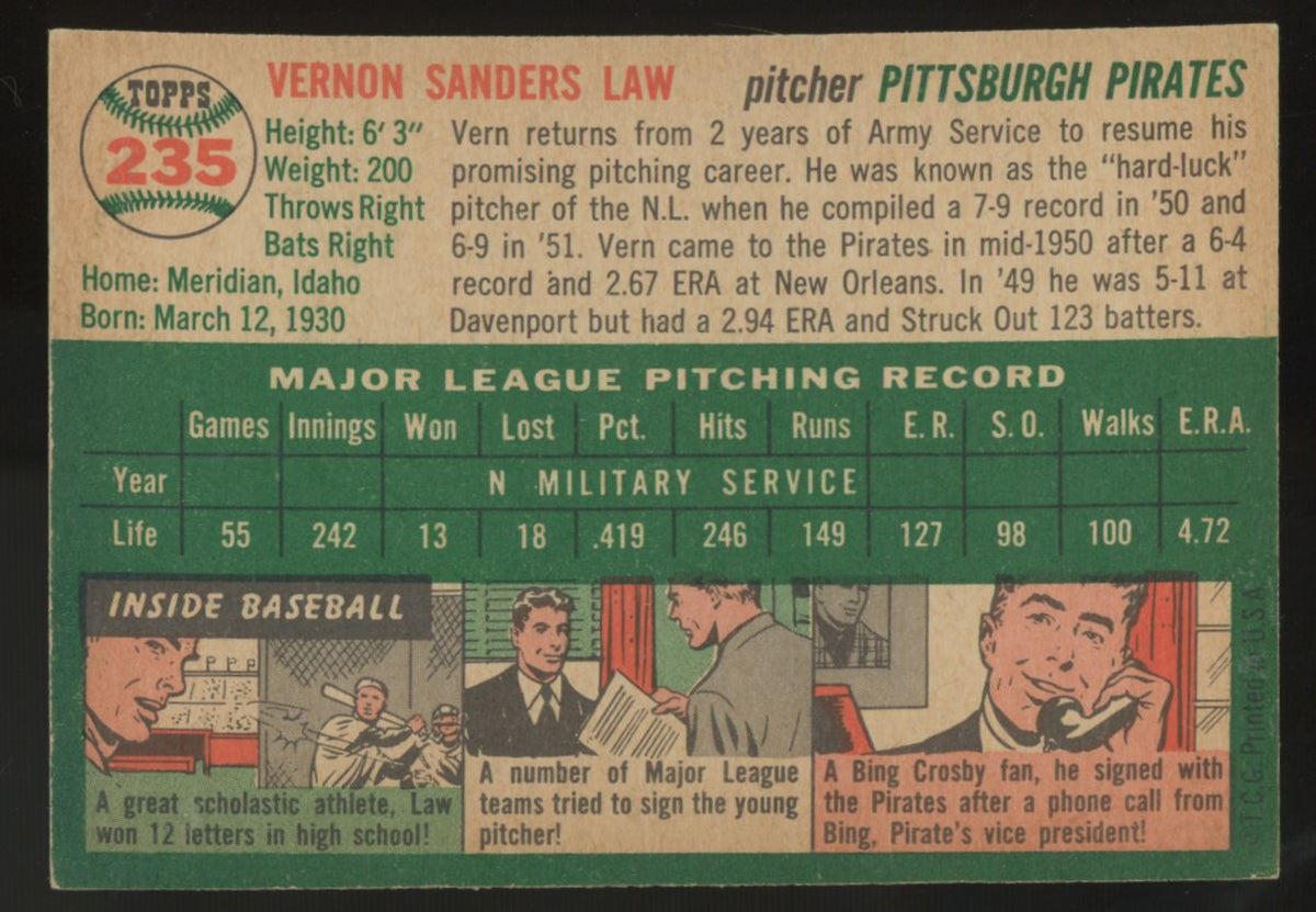 1954 Topps Vern Law #235 EX/MT