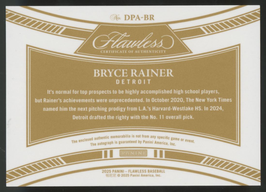 2025 Panini Flawless Bryce Rainer Draft Patch Auto /25 #DPA-BR