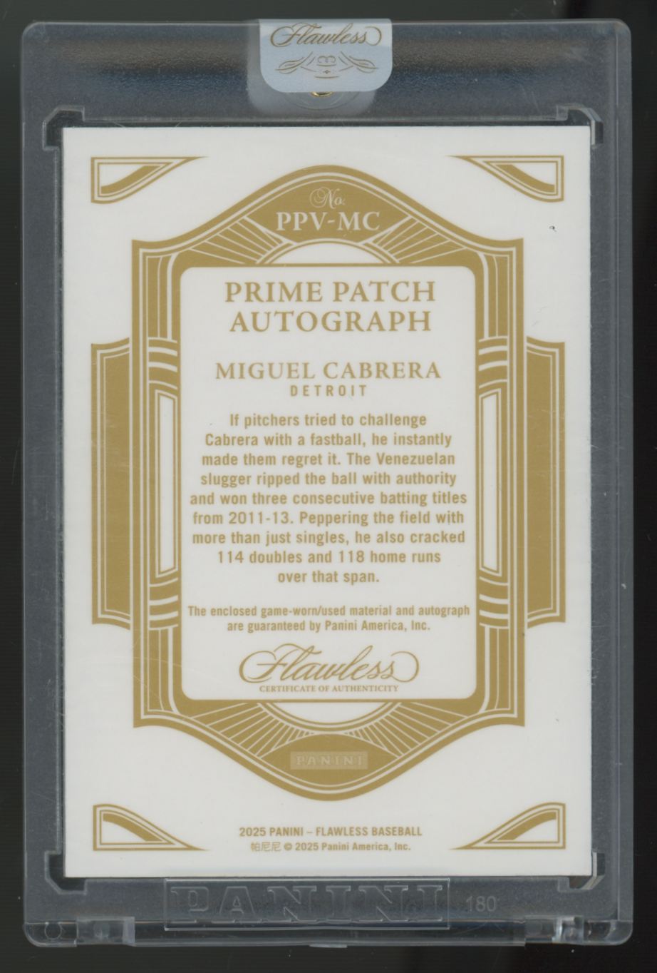 2025 Panini Flawless Miguel Cabrera Vertical Emerald Patch Auto /5 #PPV-MC