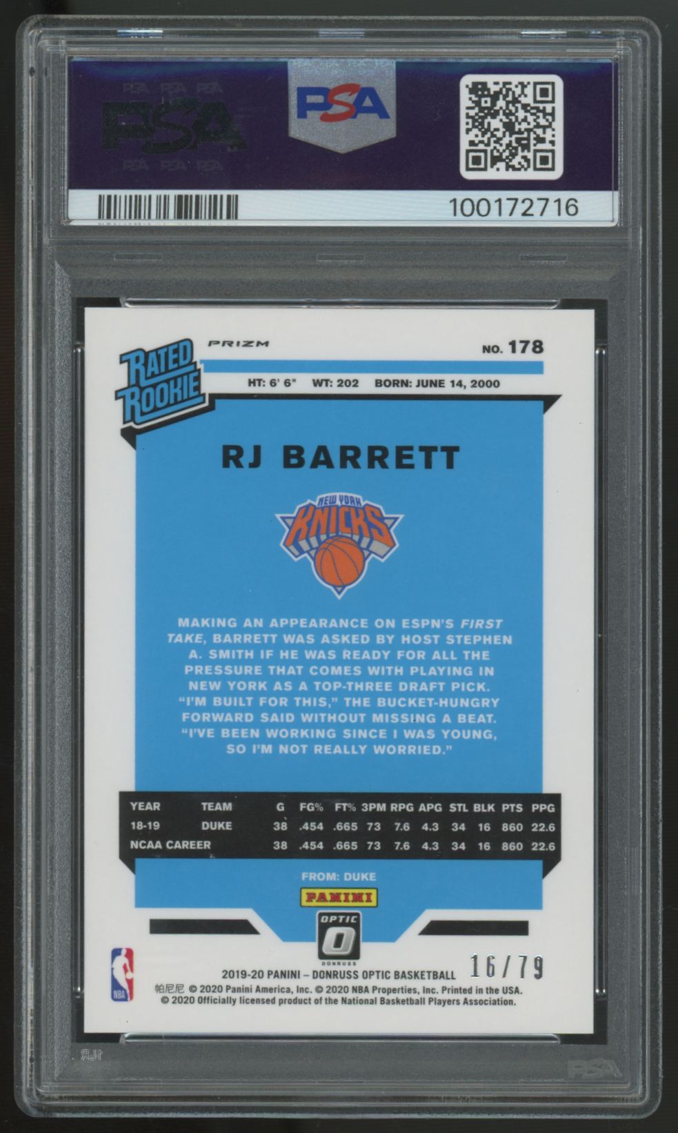 2019-20 Donruss Optic RJ Barrett RC Rated Rookie Pink Velocity /79 #178 PSA 10