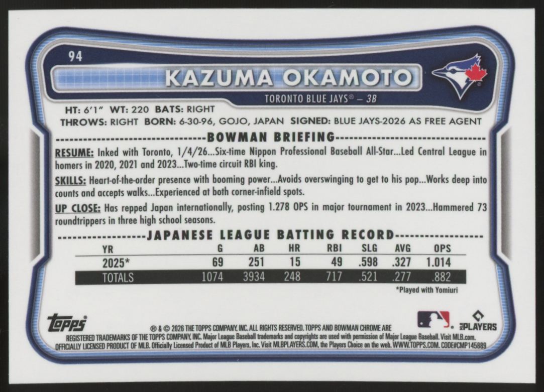2026 Bowman Chrome Kazuma Okamoto RC Blue Wave /150 #94