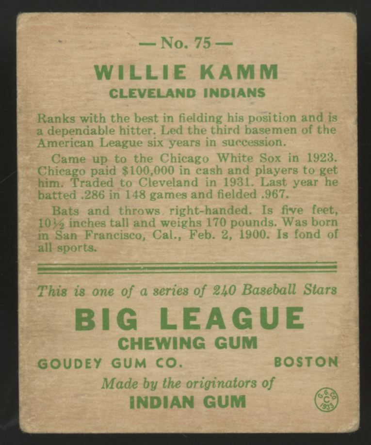 1933 Goudey Willie Kamm #75 G/VG