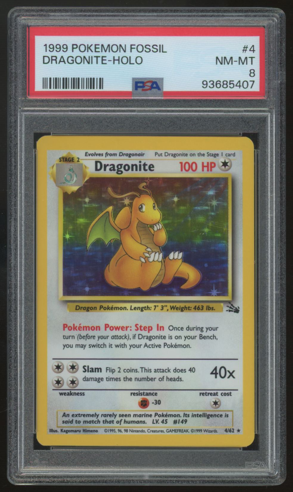 1999 Pokemon Dragonite Fossil Holo #4 PSA 8