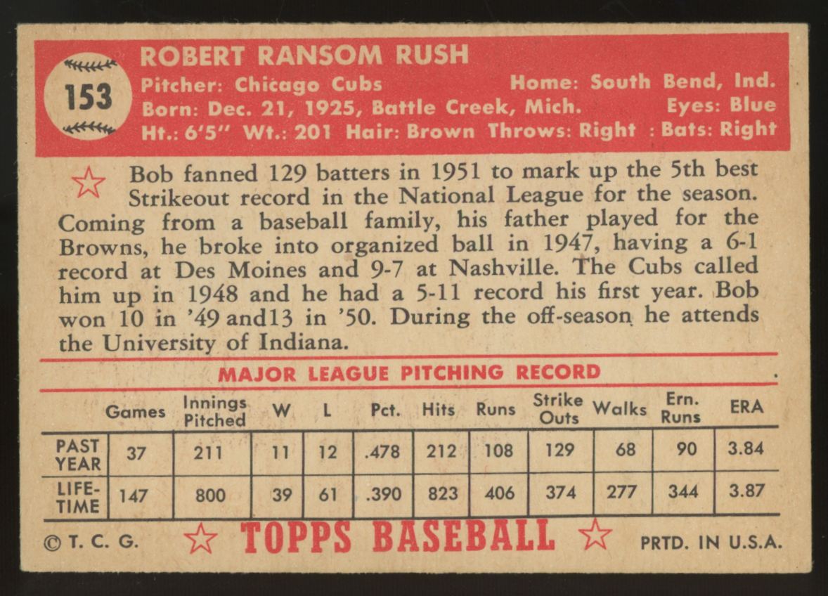1952 Topps Bob Rush #153 VG/EX
