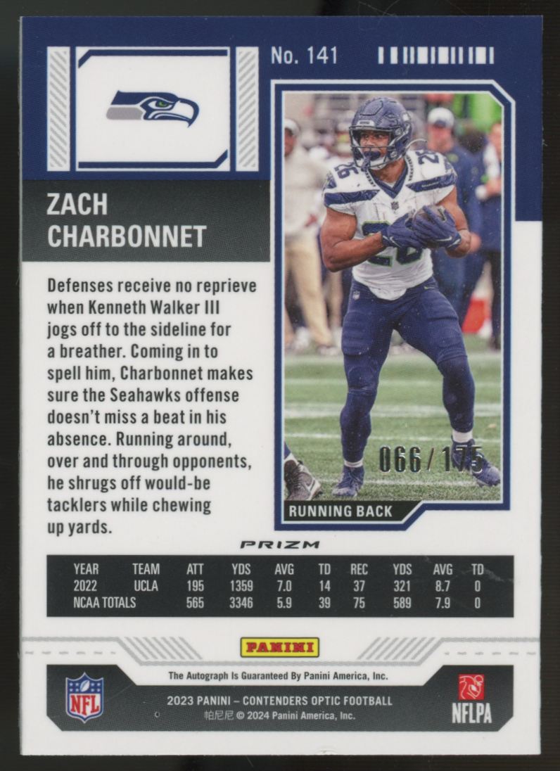 2023 Contenders Optic Zach Charbonnet RC Ticket Red Auto /175 #141