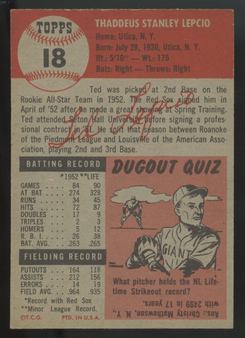 1953 Topps Ted Lepcio RC #18 NM