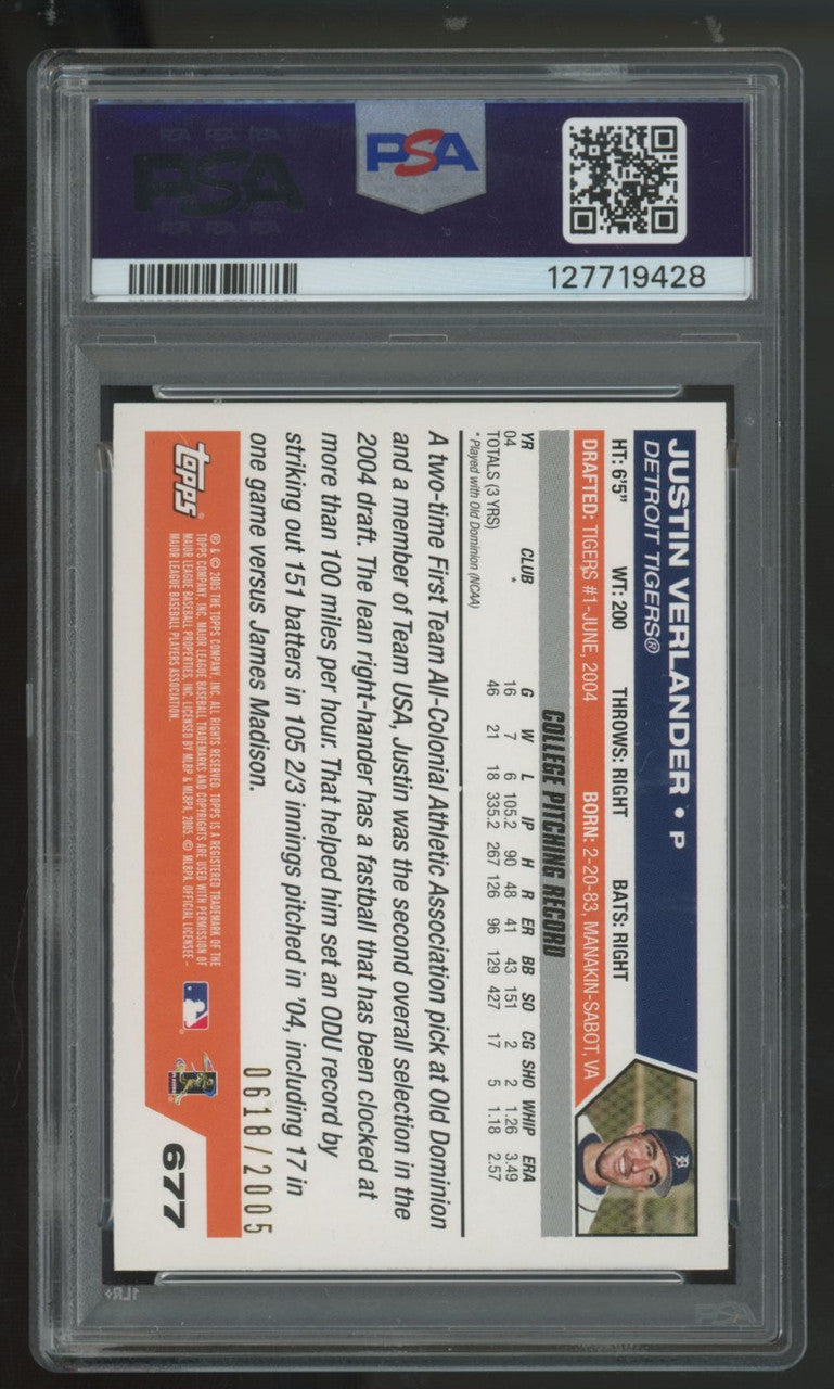 2005 Topps Gold Justin Verlander RC Draft Pick First Year /2005 #677 PSA 9