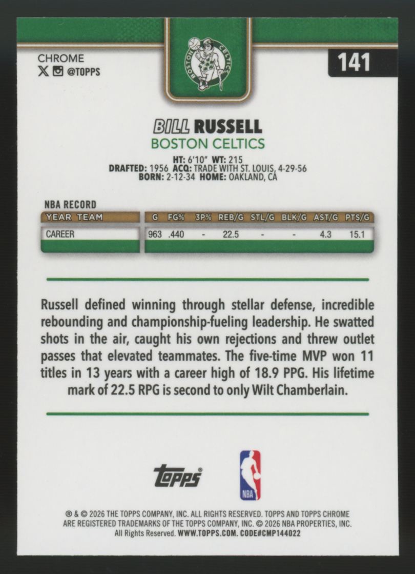 2025-26 Topps Chrome Update Sapphire Bill Russell Purple /75 #141
