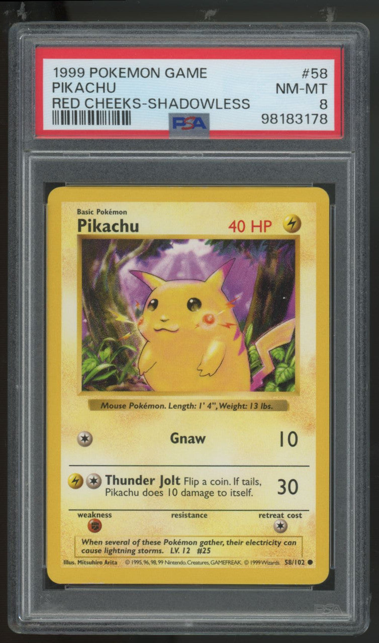 1999 Pokemon Pikachu Red Cheeks Base Set #58 PSA 8